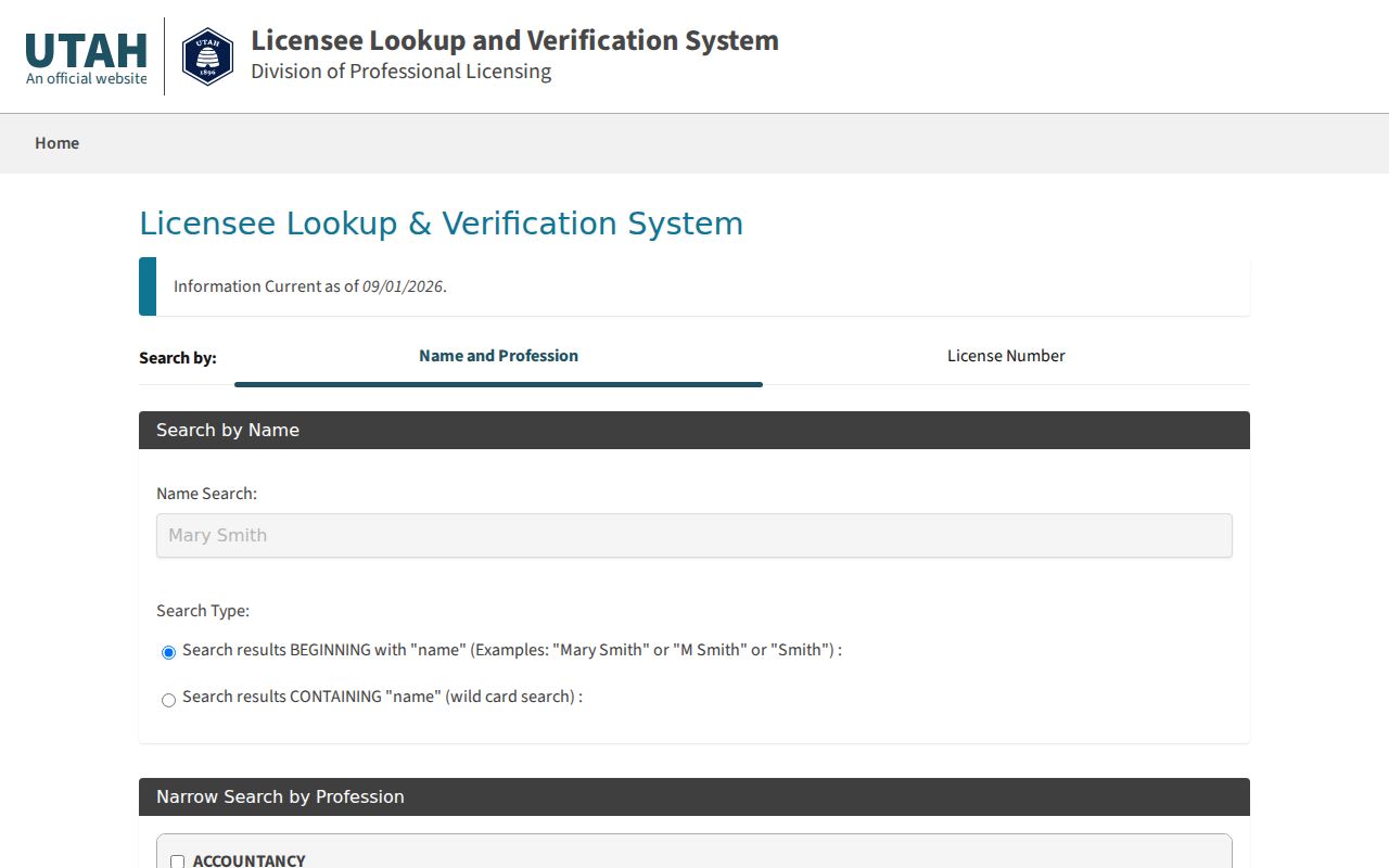 Draper resident lookup Utah professional license search
