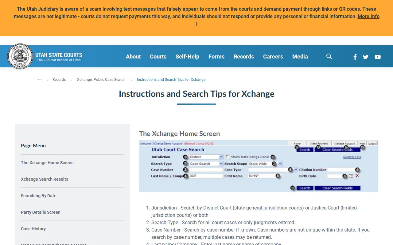 Draper resident lookup Utah Xchange court search fields